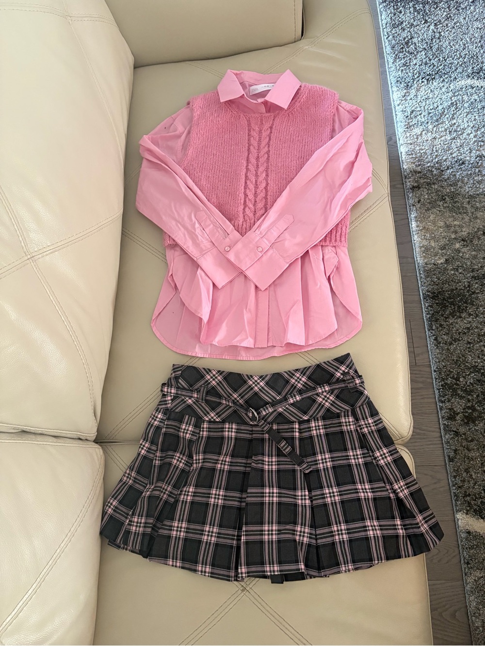 Zara Pink and Black Plaid Skirt with Pink button up sweater vest top